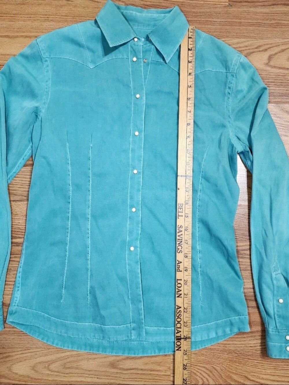 Ryan Michael Western Shirt Womens XS Turquoise Silk Cotton Snap Pearl Button - Picture 9 of 13